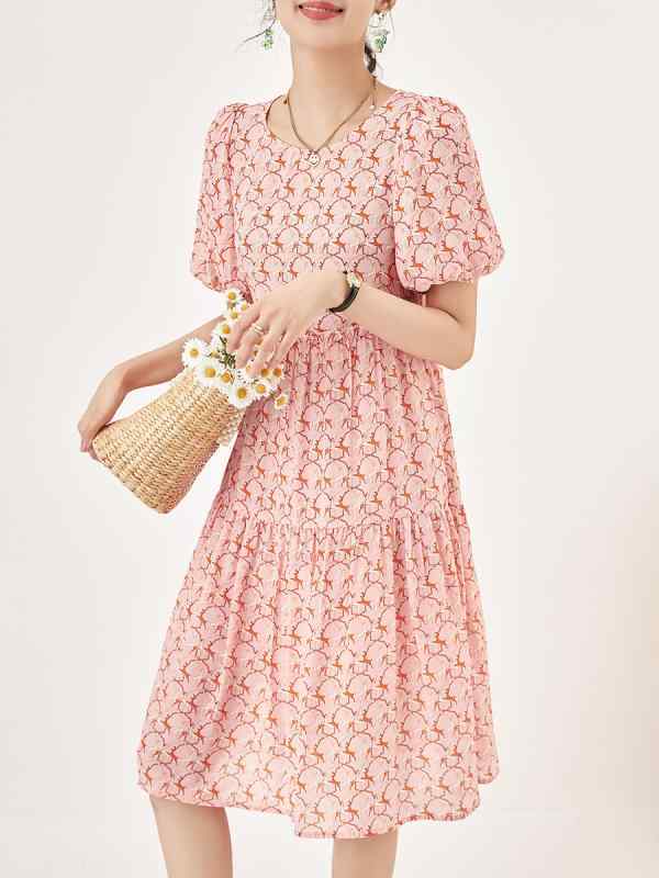 ワンピース レディース 桑シルク 天然素材 ゆったり 体型カバー 小花柄 アニマル柄 フェミニン ミディ丈 Aライン ラウンドネック 半袖 フリル プリーツ 夏 9,123円