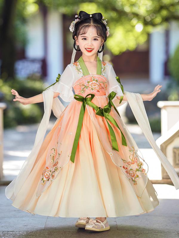 ワンピース キッズ 女の子 中国風 改良 唐装 漢服 襦裙 刺・墸 夏 接触冷感 軽量 おしゃれ かわいい プリンセス 花柄 メッシュ ポリエステル 中大童