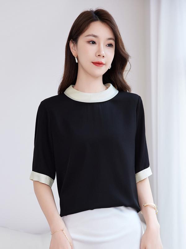 Tシャツ レディース シルク ストレッチ ダブルジョーゼット 無地 半袖 丸首 クルーネック ゆったり 上品 エレガント シンプル 通勤 オフィス カジュアル 春夏 カットソー