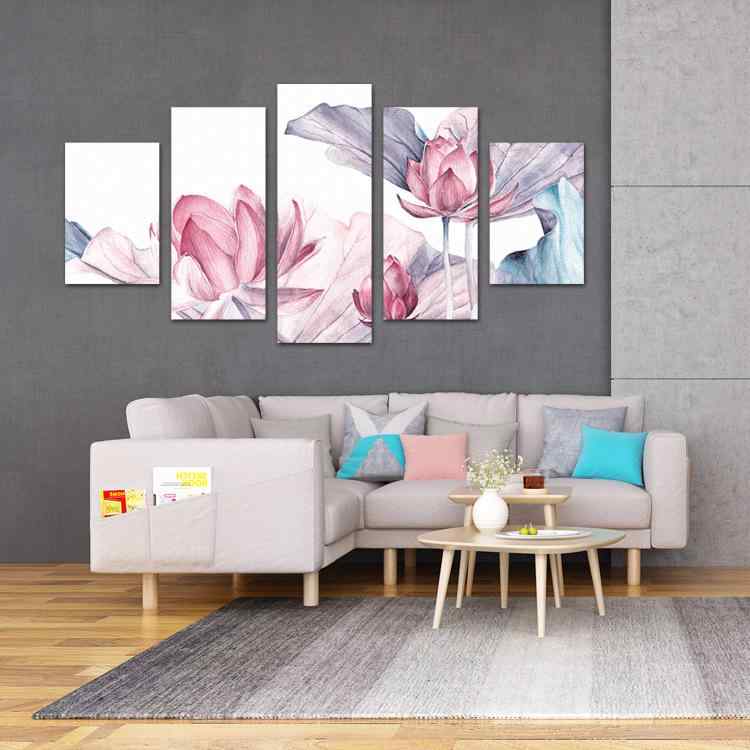油絵 5パネル フレームレス 蓮の花 中国風 モダン シンプル ウォールアート 不織布 印刷 リビング 寝室 書斎 ダイニング 店舗 壁飾り インテリア装飾セット