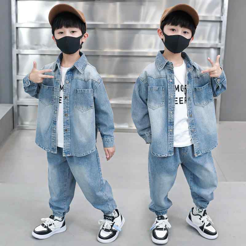 デニム セットアップ キッズ 男の子 春秋 韓国風 かっこいい スポーティー Gジャン風ジャケット ロングパンツ 2点セット 綿混 ソフトな肌触り ライトブルー