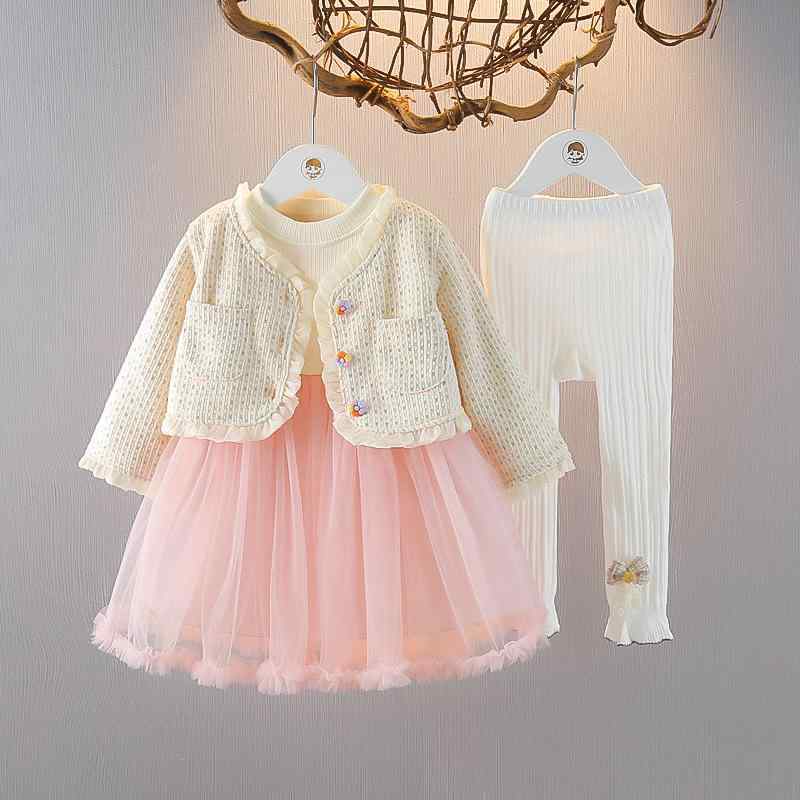 ワンピース キッズ 女の子 長袖 かわいい チュールドレス プリンセス 綿 コットン 3点セット セットアップ ベビー 幼児 1歳 2歳 3歳 ピンク 春秋