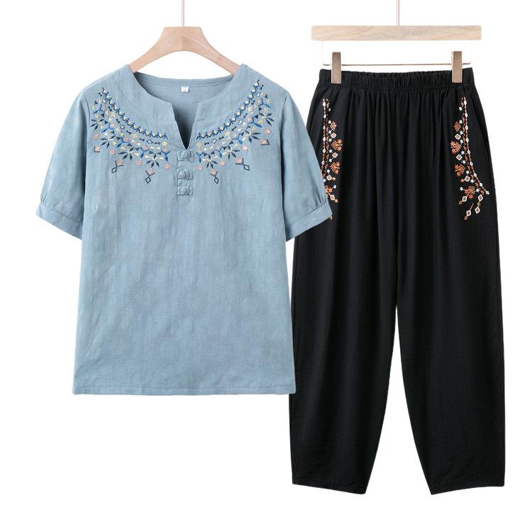 セットアップ レディース ママ ミセス 大きいサイズ ゆったりサイズ 半袖 Tシャツ ロングパンツ 2点セット 春夏 薄手 涼しい 楽ちん ポリエステル 花柄 かぎ編み ルーズフィット
