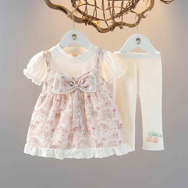 ワンピース 女の子 ベビー キッズ 子供服 夏物 半袖 薄手 小花柄 フラワー フェイクサロペット風 おしゃれ かわいい 韓国子供服 韓国風 綿 コットン 2点セット セットアップ スカートセット ピンク ブルー 80 90 100 110 120cm