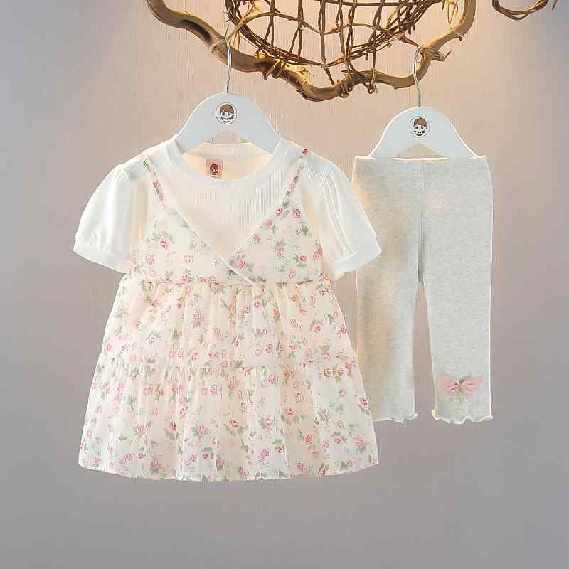 ワンピース 女児 ベビー 幼児 1-3歳 夏 半袖 薄手 小花柄 プリンセス風 かわいい 韓国風 綿素材 Aライン フレア 2点セット ピンク 普段着 お出かけ着