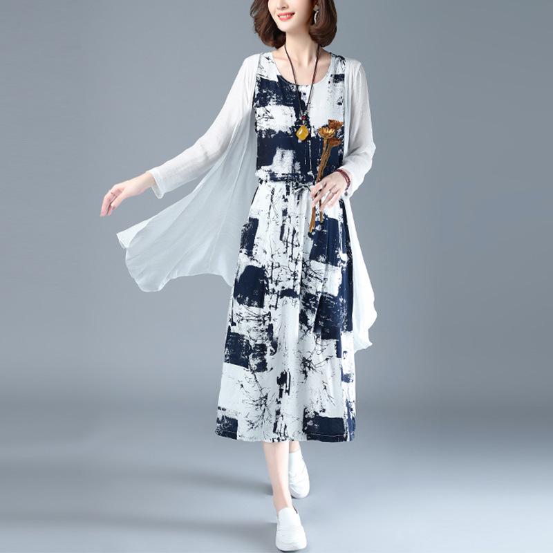 ワンピース レディース 綿麻 ビスコース混 ゆったり さわやか 体型カバー 水墨画プリント 上品 エレガント ショール 2点セット ロング丈 マキシ丈 長袖 カジュアル リラックス 春夏 お出かけ 普段使い