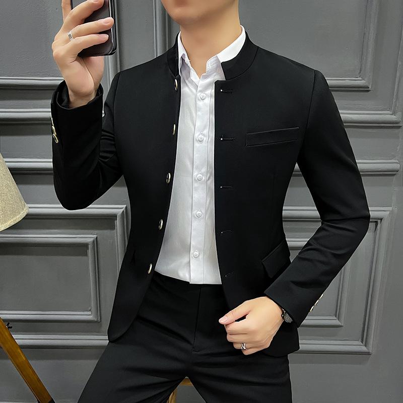セットアップ メンズ 春夏 立ち襟 スリムフィット カジュアル スーツジャケット 綿麻混紡 リネンブレンド ブラック オフィスカジュアル ビジネス ビジカジ 普段使い