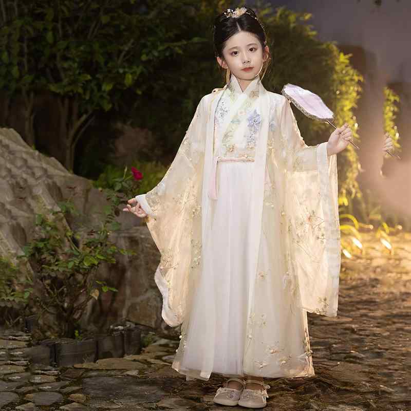 ワンピース 女の子 キッズ 漢服 古風 民族衣装 チャイナ風 唐風 エレガント かわいい お姫様 ドレスセット 春秋 ロング丈 シャンパンカラー チュール 発表会 イベント パーティー 舞台衣装 記念撮影 ポリエステル