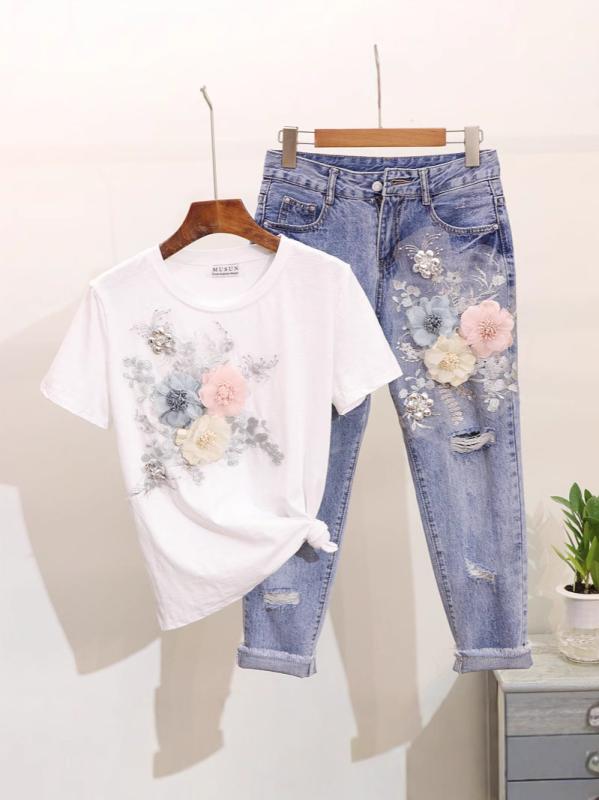 セットアップ レディース 春夏 刺・墸 3Dフラワー 半袖 Tシャツ ダメージ クロップド丈 デニムパンツ カジュアル 2点セット コットンリネン素材 九分丈 白 黒 ピンク