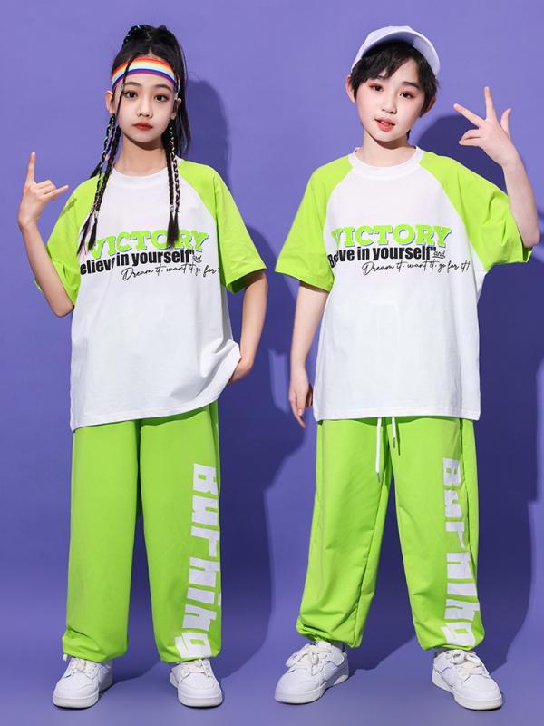 ダンス衣装 キッズ 男の子 女の子 ヒップホップ ストリートダンス ジャズダンス チアダンス ドラム 発表会 運動会 幼稚園 ステージ衣装 トレンド 春夏 白緑 切り替え Tシャツ ロングパンツ セットアップ スポーツウェア