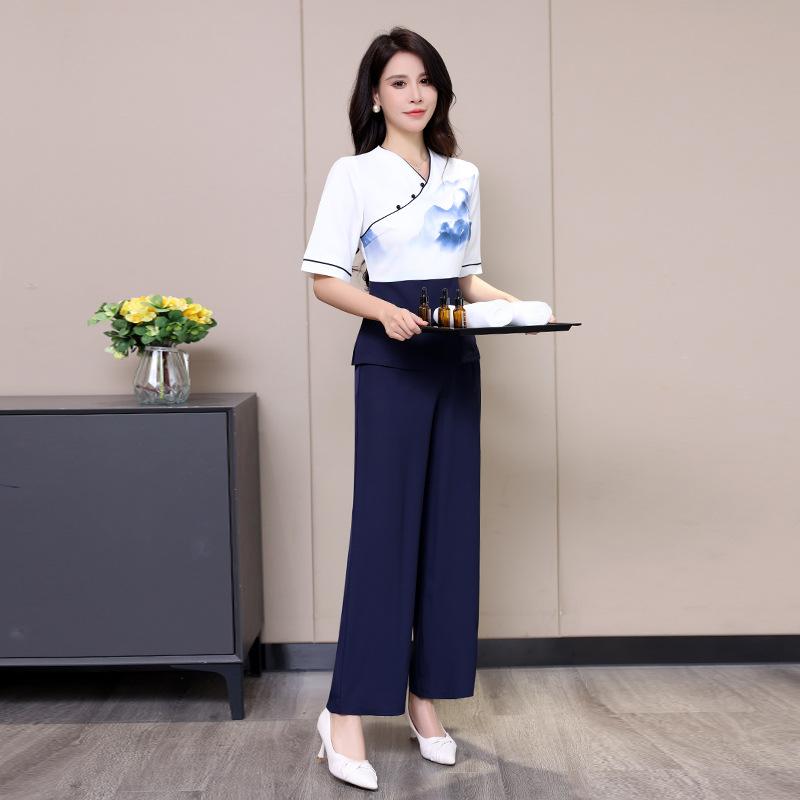 セットアップ レディース 接触冷感 細見え 春夏 半袖 ロングパンツ 美容院 美容師 スパサロン フットケア フットバス 技師 ユニフォーム 制服