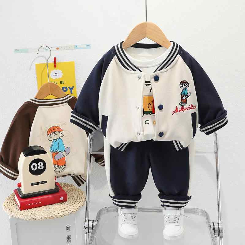 キッズ 男の子 ベビー服 秋冬 普段着 ルームウェア クマ柄 カジュアル 3点セット 裏フリース 長袖 トレーナー アウター 薄手裏起毛 ロングパンツ 綿 コットン ネイビー ブラウン 80 90 100 110 120cm