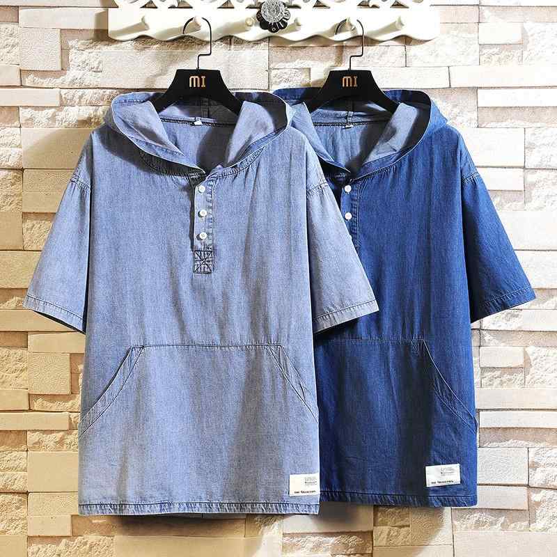 Tシャツ メンズ 夏 大きいサイズ ゆったり 七分袖 フード付き 無地 綿混 デニム 通気性 ノーアイロン レトロ カジュアル ブルー系
