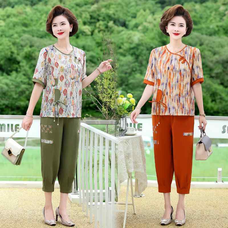 セットアップ レディース ミセス 半袖Tシャツ クロップドパンツ 2点セット 春夏 綿麻 薄手 ゆったり 体型カバー プルオーバー 幾何学模様 カジュアル おしゃれ 上品 普段着 お出かけ 部屋着 グリーン オレンジ