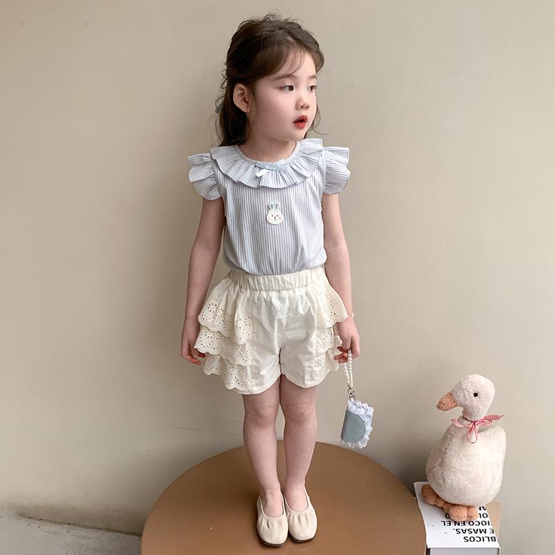 セットアップ キッズ 女の子 春夏 半袖 丸襟 フリル袖 うさぎ かわいい 薄手 柔らかい ショートパンツ カジュアル おしゃれ ルームウェア ピンク ブルー