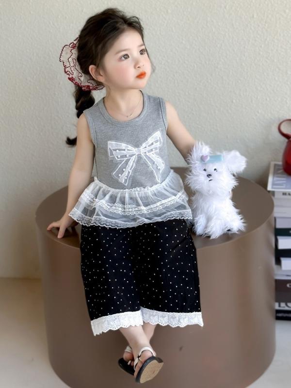 セットアップ 女の子 キッズ リボン フリル レース ワイドパンツ ガウチョパンツ 2点セット 薄手 接触冷感 夏 韓国風 おしゃれ かわいい ドット柄 ポリエステル綿混 ルームウェア お出かけ カジュアル
