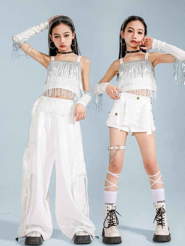 ダンス衣装 ジュニア 女の子 ジャズダンス クロップドトップス ホワイト フリンジ付き コットン セットアップ おしゃれ 発表会 ステージ 春夏