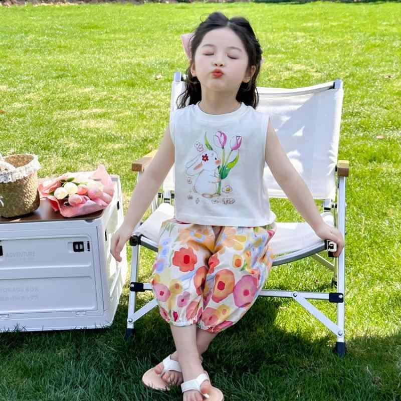 セットアップ ガールズ 女の子 ノースリーブ トップス 虫よけ 長パンツ 2点セット 春夏 薄手 柔らか 綿 韓国風 カジュアル 部屋着 パジャマ 無地