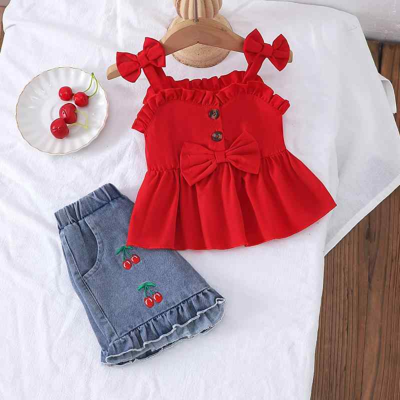 キッズ 女の子 セットアップ ノースリーブ キャミソール トップス デニム ショートパンツ レッド チェリー柄 綿 柔らかい 春夏 2点セット カジュアル ベビー服 1歳 2歳 3歳 幼児 乳幼児|セキュアデポ