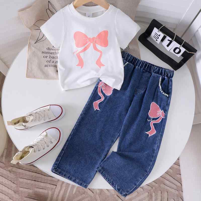 セットアップ 女の子 スリムフィット 薄手 綿混 ソフトタッチ 半袖Tシャツ デニムロングパンツ リボン プリント 夏 欧米風 ツーピース カジュアル 普段着 かわいい ホワイト|セキュアデポ