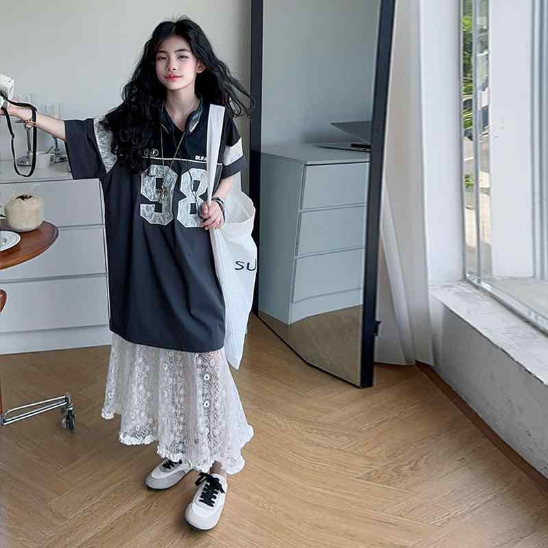 ワンピース 女の子 ジュニア 子供服 接触冷感 軽量 薄手 メッシュ ショートスリーブ ロング丈Tシャツ ツーピース 韓国風 セットアップ 夏