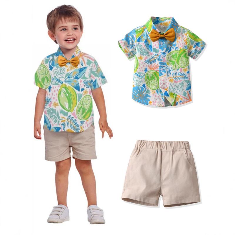 セットアップ キッズ 男の子 夏服 半袖 プリント アイランド風 総柄 シャツ カジュアル ショートパンツ 2点セット コットン 薄手 柔らかい肌触り 普段着 お出かけ グリーン