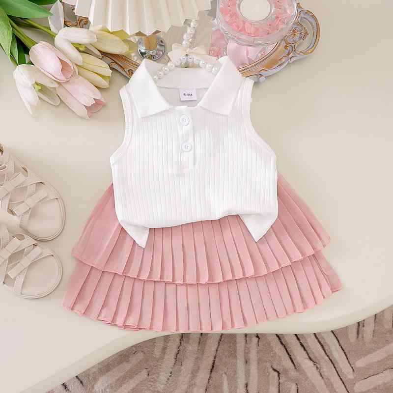 キッズ セットアップ 女の子 春夏 ポロ襟 リブニット ノースリーブ Tシャツ プリーツ ティアード ショートスカート ホワイト 無地 やわらか 通園 お出かけ 普段着 カジュアル 80cm 90cm 100cm