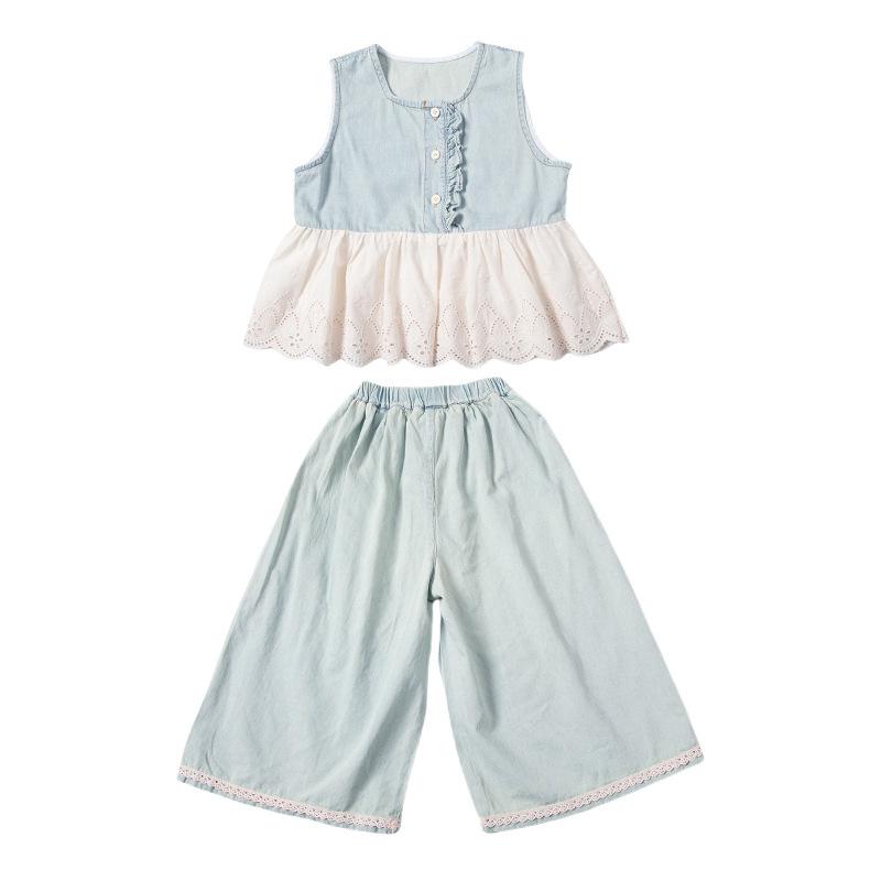キッズ 女の子 ベビー セットアップ 夏 デニムベスト ノースリーブ 薄手 ワイドパンツ ロング丈 2点セット 綿 コットンブレンド 柔らかい おしゃれ 韓国風 カジュアル 普段着 お出かけ ライトブルー 100 110 120 130 140cm