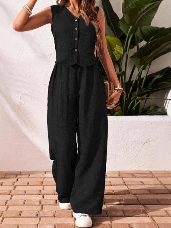 パンツスーツ セットアップ レディース 春夏 通勤 Vネック 前ボタン ベスト ノースリーブ ロングパンツ ポリエステル 無地 切り替え 4,324円