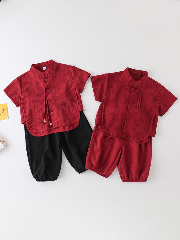 キッズ 男の子 春夏 半袖 薄手 柔らかい 9分丈パンツ 中国風 レトロ 民族風 唐装 漢服 2点セット ポリエステル 3-8歳向け