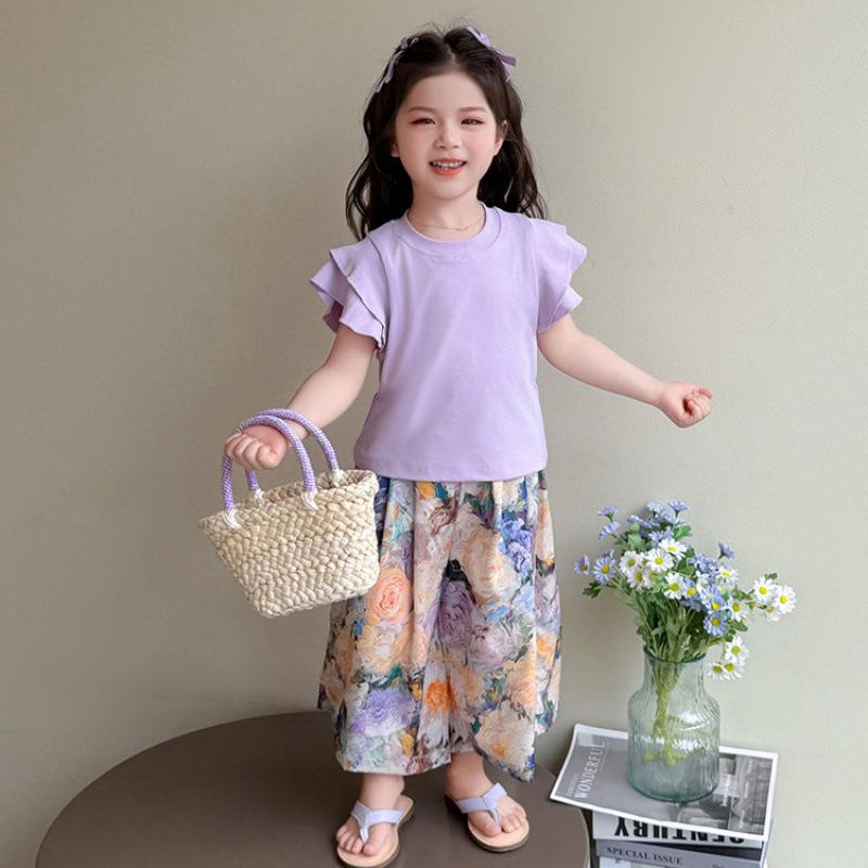 キッズ 女の子 夏用 薄手 半袖 九分丈パンツ セットアップ 2点セット 韓国風 おしゃれ カジュアル かわいい 綿 コットン プルオーバー 柔らかい 子供服 ベビー