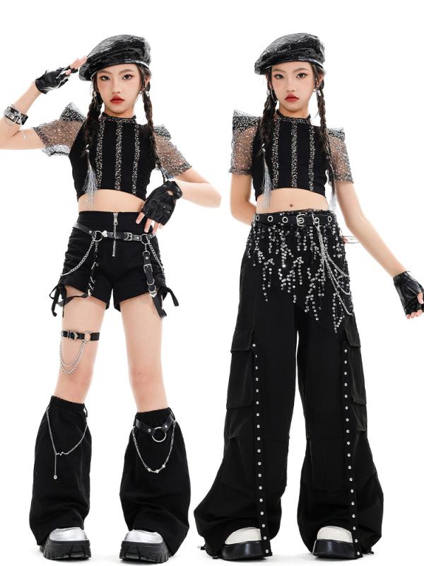 ダンス衣装 キッズ 女の子 ジャズダンス ストリート ヒップホップ クロップド丈 へそ出し ラインストーン キラキラ おしゃれ 半袖 長ズボン セットアップ 黒 発表会 ステージ 練習 レッスン ジュニア