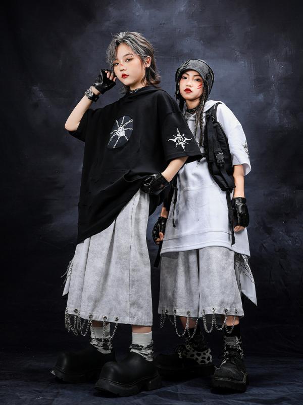 ダンスウェア キッズ 男女兼用 春夏 ヒップホップ ストリート系 半袖 セットアップ 白黒 モノクロ プリント 綿素材 トレンド クール 発表会 舞台 衣装 練習着