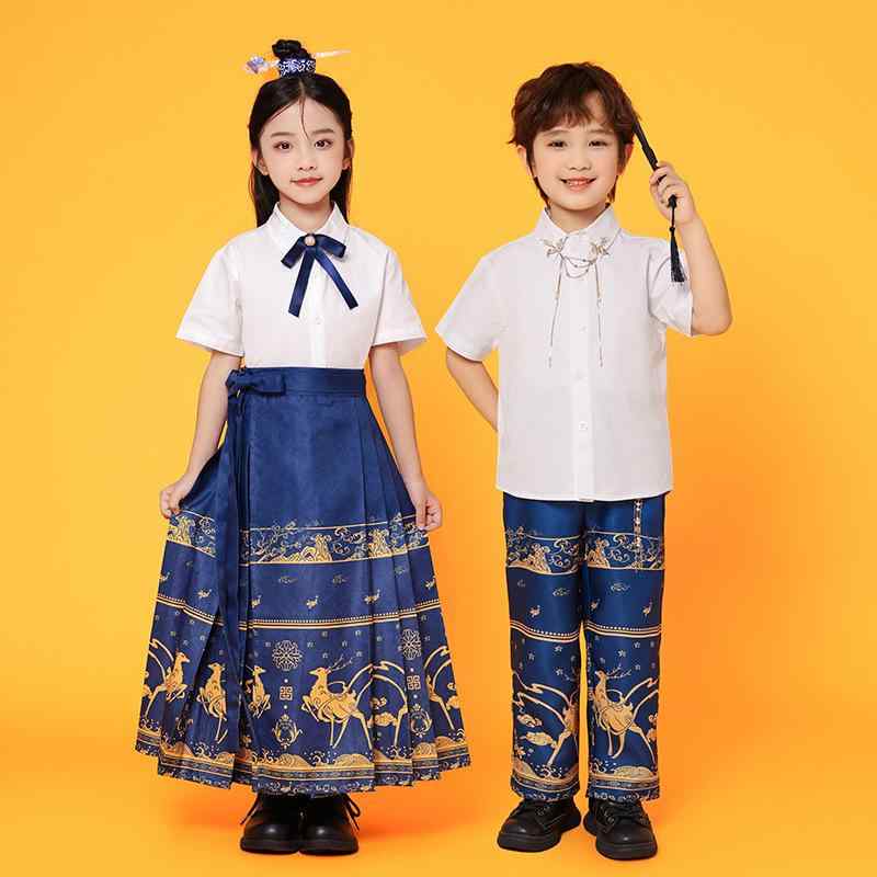 漢服 男女兼用 キッズ 小学生 中国風 発表会 衣装 運動会 クラシックダンス 合唱服 チアリーディング 馬面スカート セットアップ ポリエステル オールシーズン