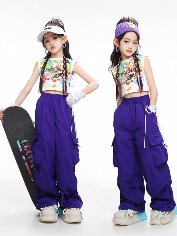 ダンスウェア キッズ 女の子 韓国風 ジャズダンス 衣装 クロップド丈 花柄 タンクトップ ロングパンツ セットアップ ポリエステル製 おしゃれ 演出服 ステージ衣装 ジュニア向け 白 紫