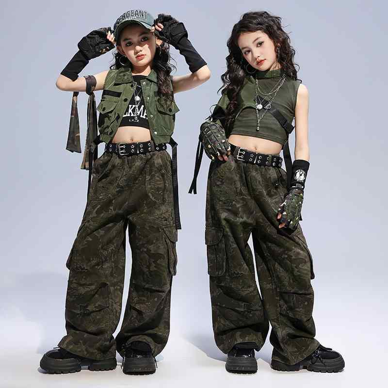ダンス衣装 キッズ 女の子 伸縮性 スポーティー ジャズダンス ガールズグループ風 クール おしゃれ 迷彩柄 ベスト 練習着 セットアップ 発表会 ステージ衣装 韓国ファッション
