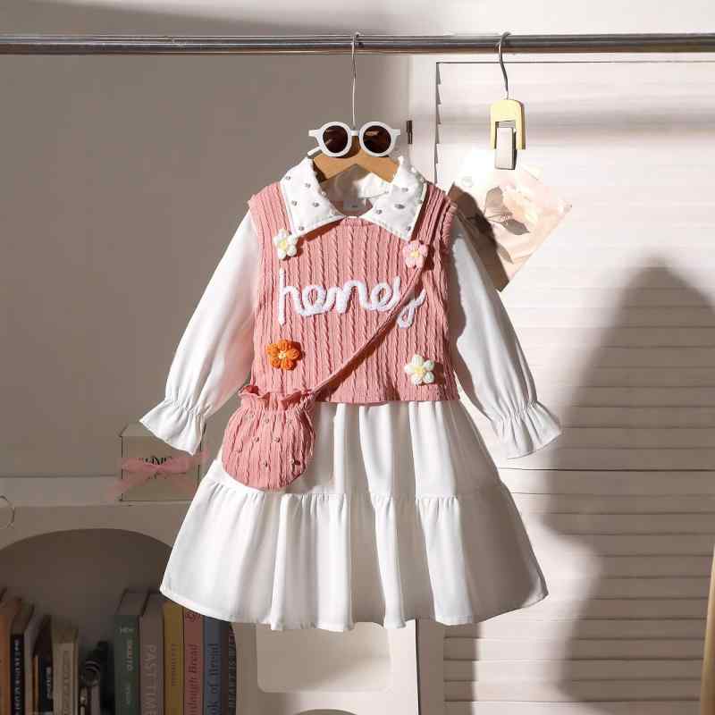 セットアップ 女の子 かわいい おしゃれ アルファベット刺繍 ノースリーブ ベスト 襟付き ワンピース 綿 コットン 柔らかい素材 普段着 通園 通学 お出かけ ピンク 3点セット 秋冬春