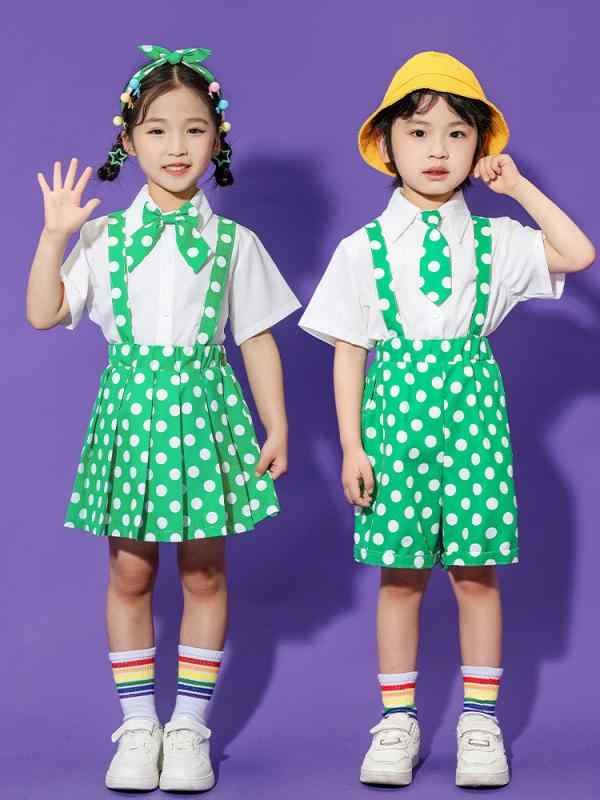 キッズ 男の子 女の子 発表会衣装 ダンス衣装 幼稚園 合唱 舞台 ステージ衣装 グリーン 半袖 白シャツ サロペットパンツ サロペットスカート セットアップ 綿 コットン ジュニア 100-180cm