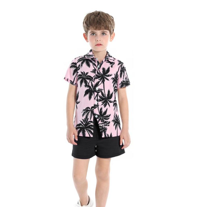 キッズ 男の子 アロハシャツ セットアップ 半袖 ショートパンツ 薄手 カジュアル リゾートスタイル 旅行用 春夏 綿素材 前開き 白 黒 ピンク 2点セット