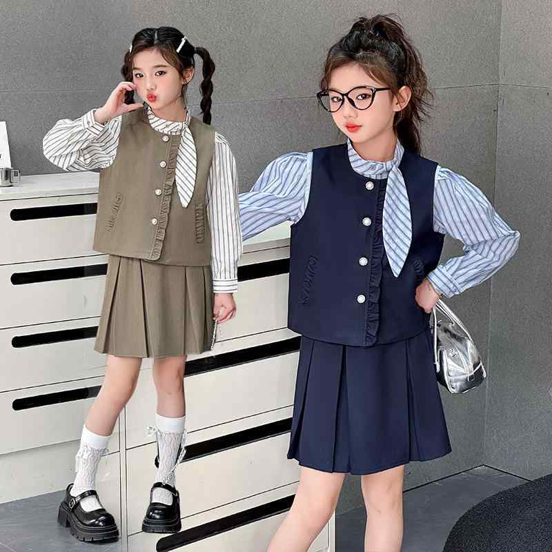 セットアップ 女の子 中大キッズ 春秋 長袖 コットン 柔らか素材 韓国ファッション おしゃれ カジュアル スポーツ ストライプシャツ JK風プリーツスカート 3点セット ネイビー ライトブラウン 通学