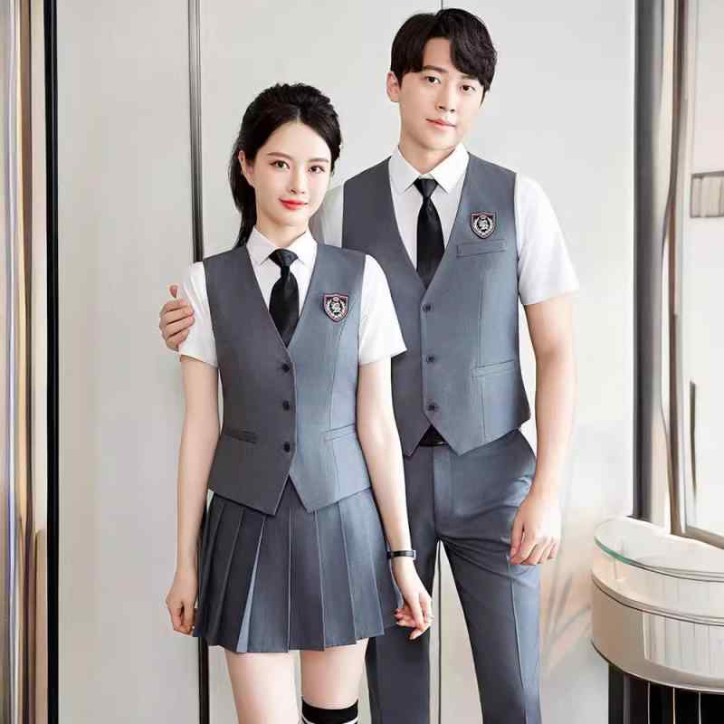 ベスト メンズ レディース ユニセックス ポリエステル 伸縮性 事務服 オフィス 制服 ユニフォーム ホテル フロント 受付 接客 サービス業 幼稚園 保育士 園服 3点セット 長袖シャツ パンツ スカート 上品 エレガント