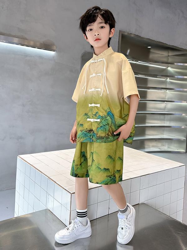 漢服 小学生 男の子 新中式 古風 スタイリッシュ 薄手 半袖 シャツ パンツ セットアップ 2点セット 柔らか素材 春夏