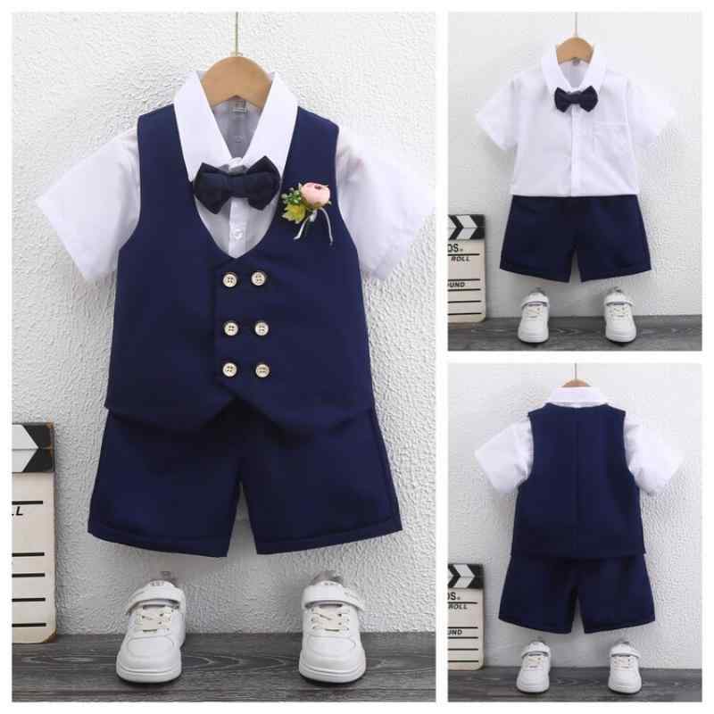 キッズ 男の子 かっこいい 夏用 薄手 半袖 英国風 フォーマルスーツ 礼服 セットアップ ダブルボタン 3点セット レーヨン素材 結婚式 発表会 演奏会 七五三 入学式 卒園式 リングボーイ