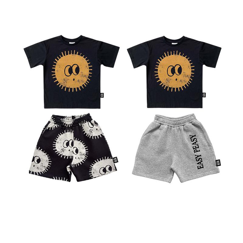 キッズ 男の子 薄手 ソフト加工 夏物 半袖 Tシャツ ハーフパンツ セットアップ 綿 コットン プリント キャラクター ロゴ トレンド 普段着 部屋着 カジュアル 欧米風 2点セット