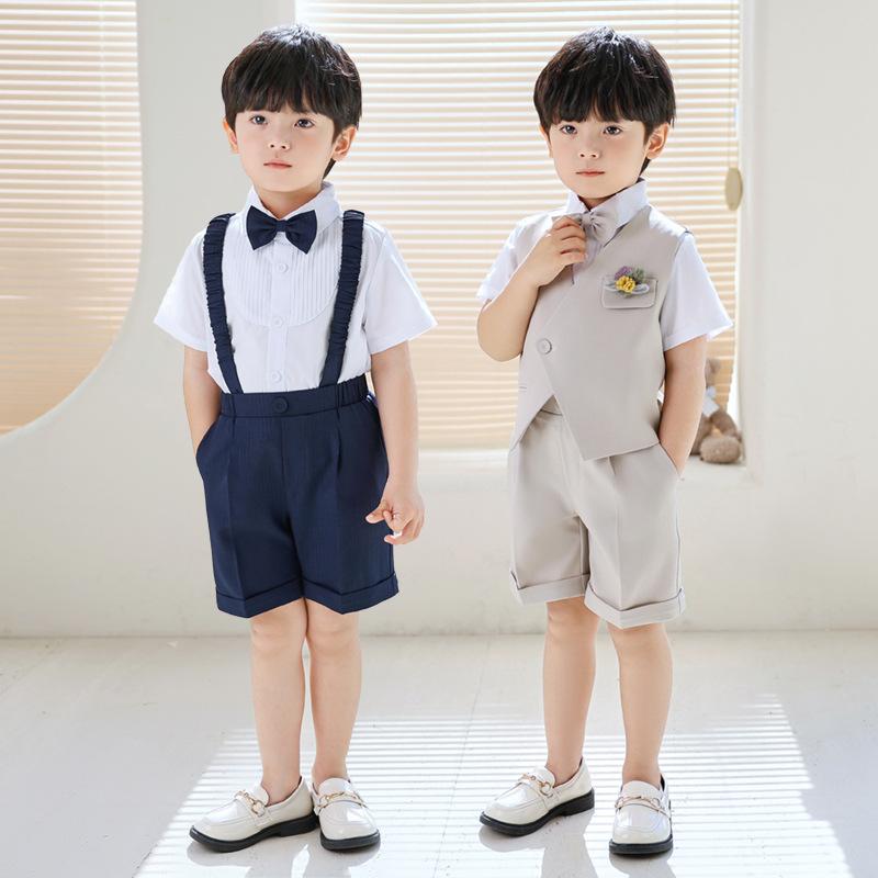 スーツ キッズ 男の子 ベスト サスペンダー付きパンツ 3点セット 半袖 夏用 イギリス風 紳士 フォーマルウェア 柔らかい肌触り 結婚式 1歳 誕生日 発表会 礼服 カーキ ネイビー 3-8歳