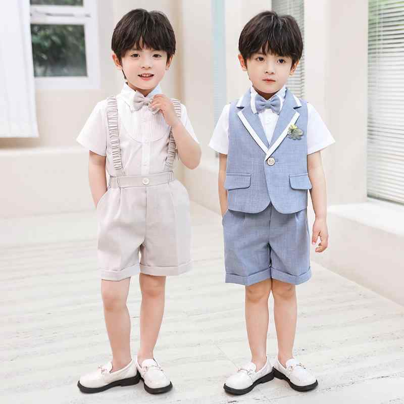 フォーマルスーツ 男の子 ベビー 夏用 韓国ファッション Vネックベスト ショートパンツ サスペンダー 柔らか素材 ポリエステル混紡 セットアップ 結婚式 リングボーイ 発表会 誕生日 記念撮影 イベント