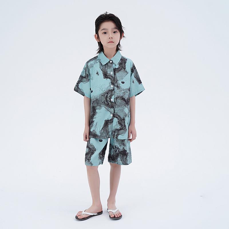 セットアップ 男の子 キッズ 薄手 軽量 吸汗速乾 半袖 シャツ 五分丈パンツ 夏服 普段着 お出かけ 通学 カジュアル チャイナ風 水墨柄 ポリエステル素材 ミントグリーン 中大児