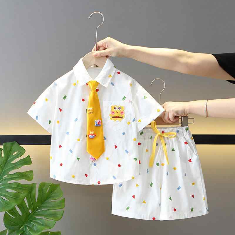 セットアップ 男の子 キッズ 春夏 薄手 涼しい 綿 コットン 柔らかい 半袖 白 シャツ ショートパンツ 短パン キャラクター カートゥーン プリント柄 カジュアル おしゃれ 2点セット