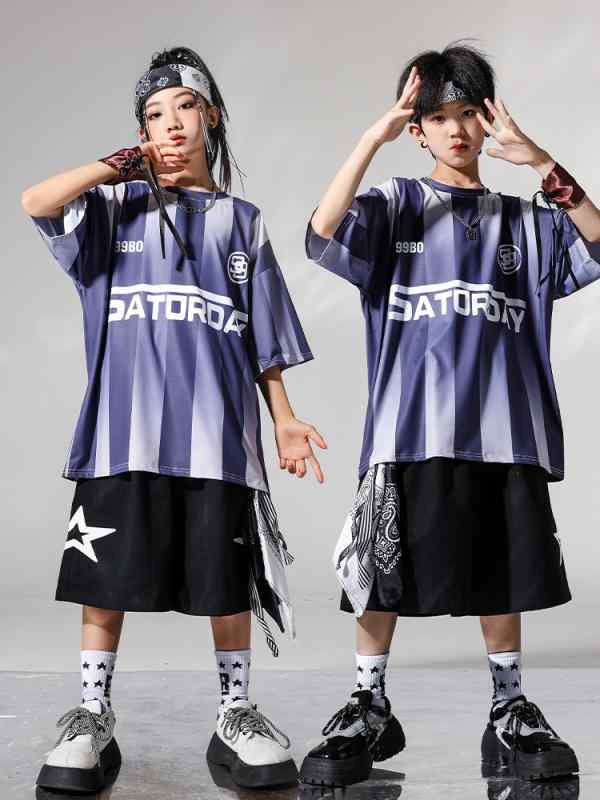ダンス衣装 セットアップ キッズ 男の子 女の子 ヒップホップ ストリート系 クール 目立つ グラデーション ストライプ 紫 白星 発表会 練習着 綿95% 春夏