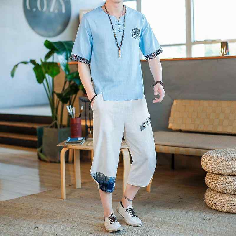 セットアップ メンズ 麻 綿麻 半袖 七分丈 ゆったり 大きいサイズ 丸首 中国風 漢服風 唐装風 カジュアル スポーツ 通気性 快適 春夏 リラックスウェア 部屋着